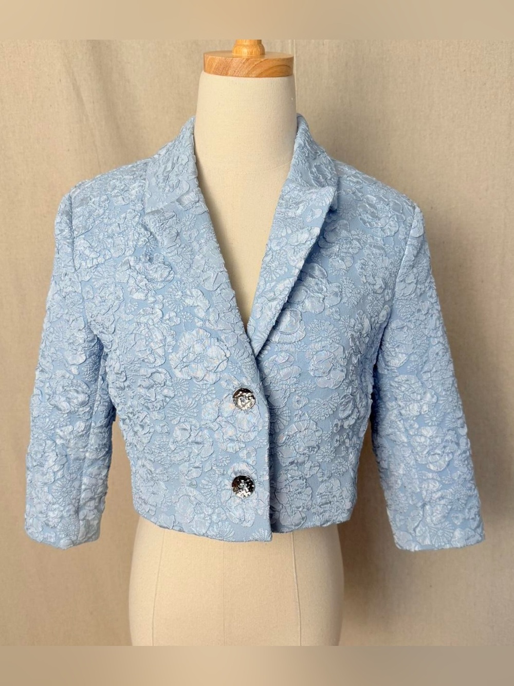 GANNI Sky Blue Floral Jacquard Cropped Blazer NWT